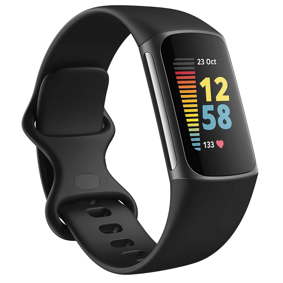 itbit Charge 5 Advanced Fitness & Health Tracker displaying heart rate and activity stats on a sleek, modern wristband.