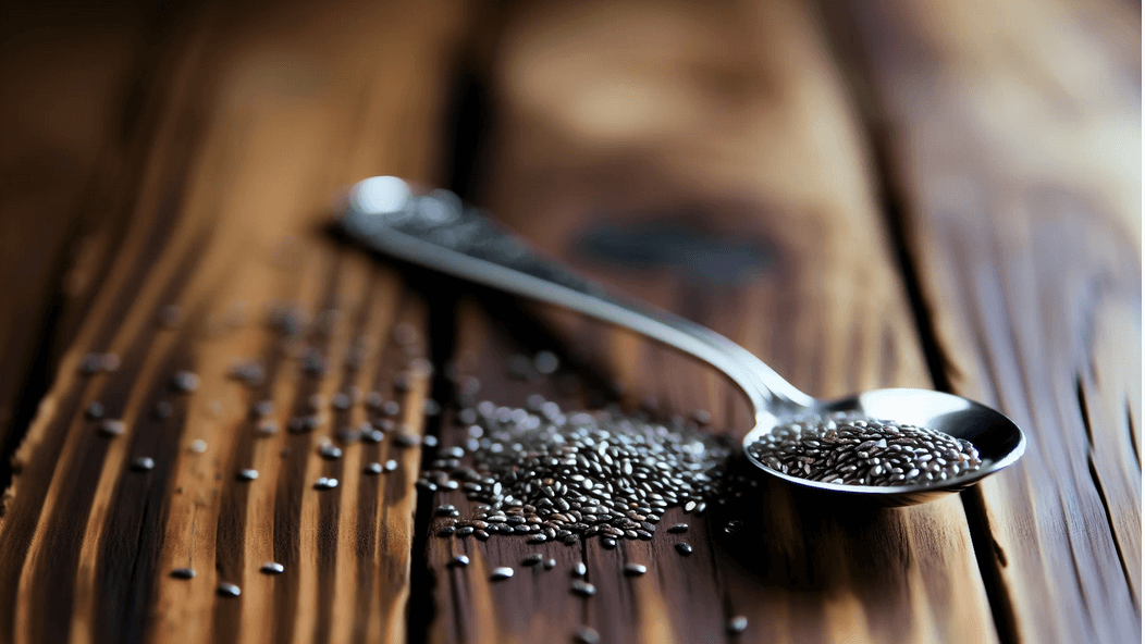 Chia seeds in a spoon with a scattering of seeds around