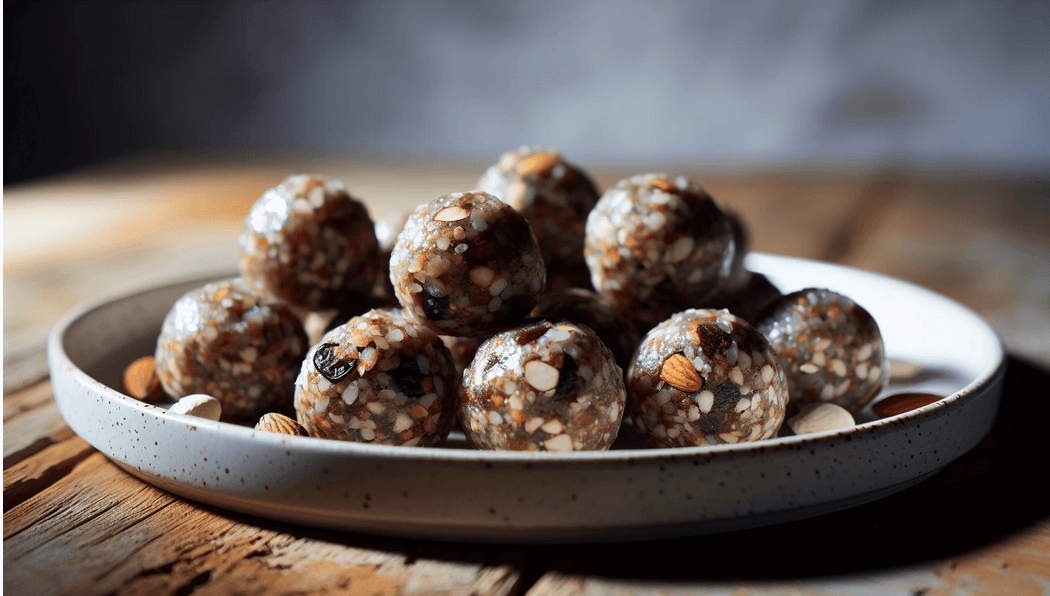 Energy balls arranged on a plate.