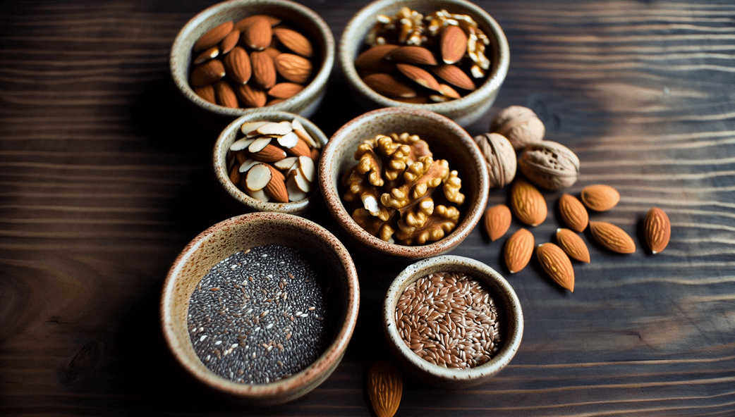 Assortment of nuts and seeds in small bowls