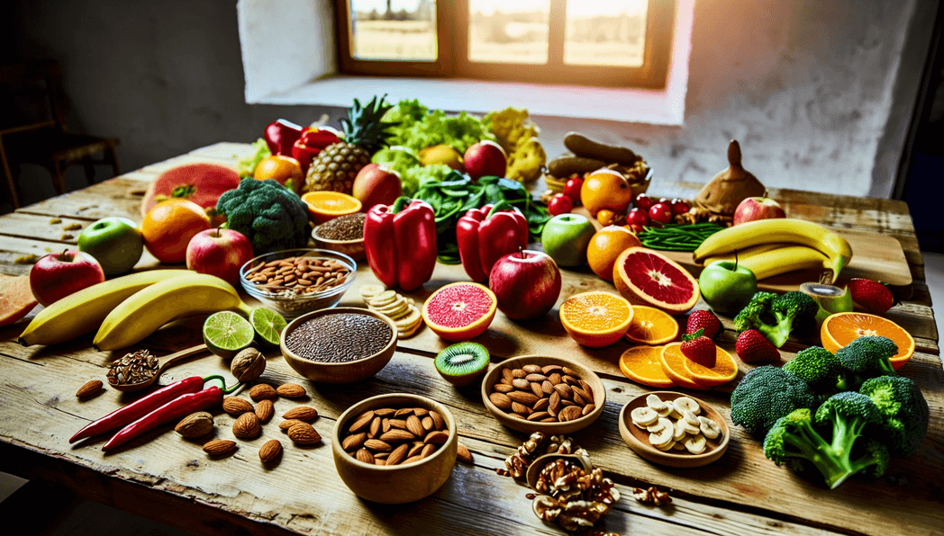 Various energy-boosting foods on a table